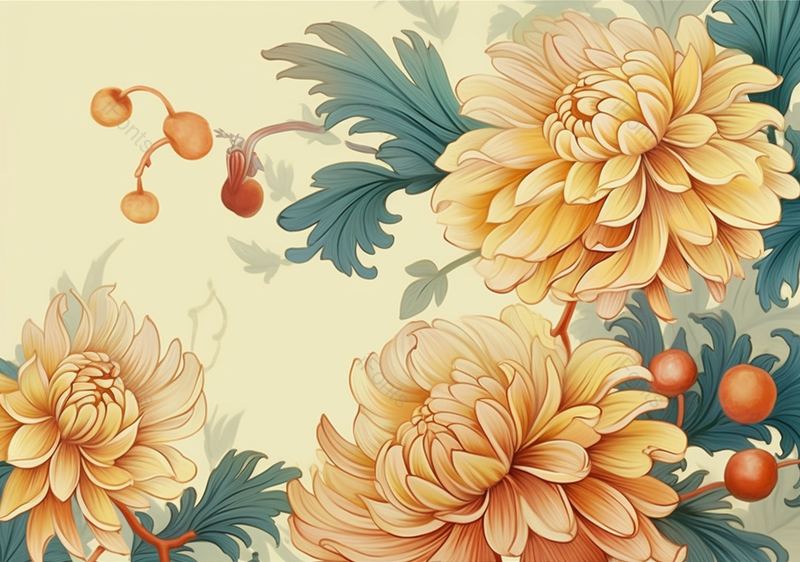 国潮风中式菊花植物果实淡雅背景,插画/手绘图,插画/手绘图库,插画/手绘图下载,插画/手绘